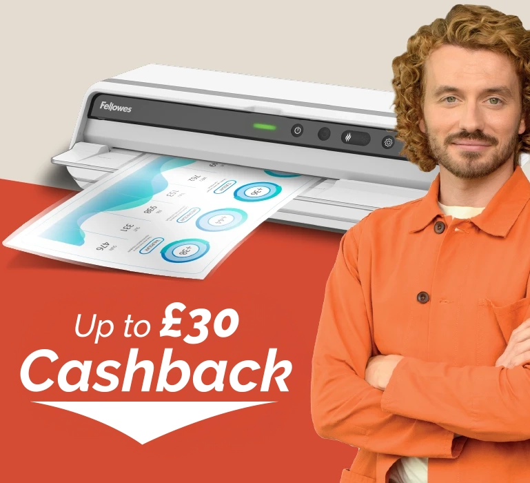 The WorkLife Coach stood next to a Fellowes laminator