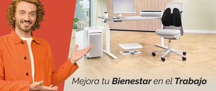The WorkLife Coach leaning on a desk of Fellowes products