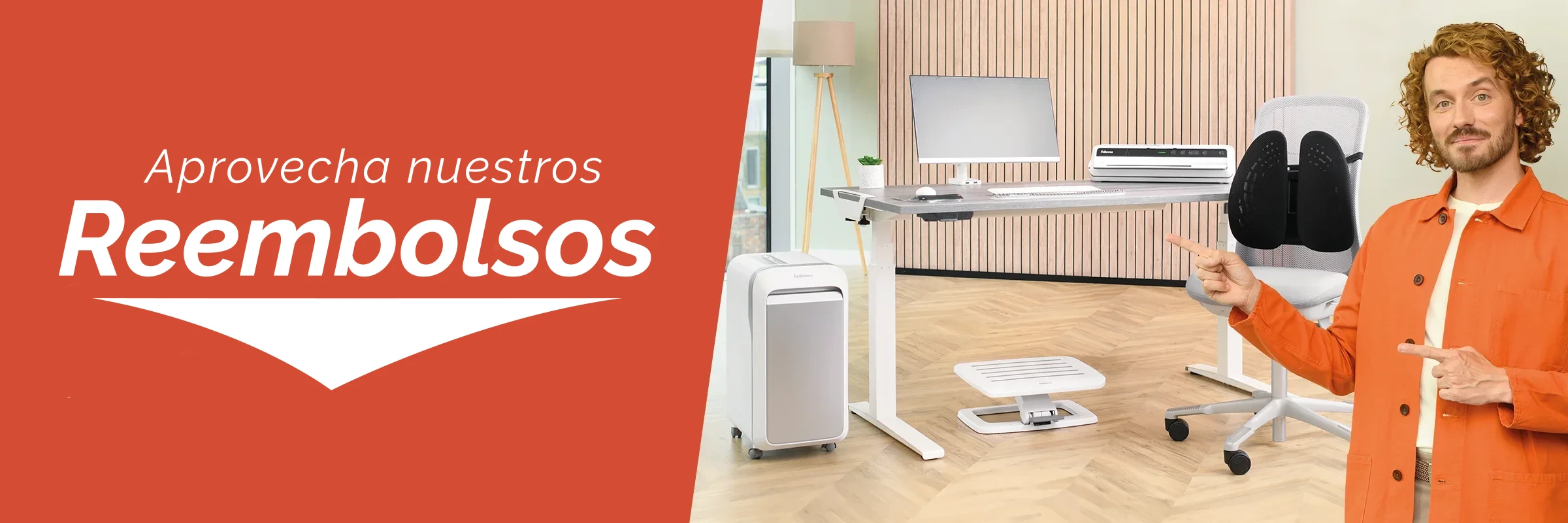The WorkLife Coach leaning on a desk of Fellowes products