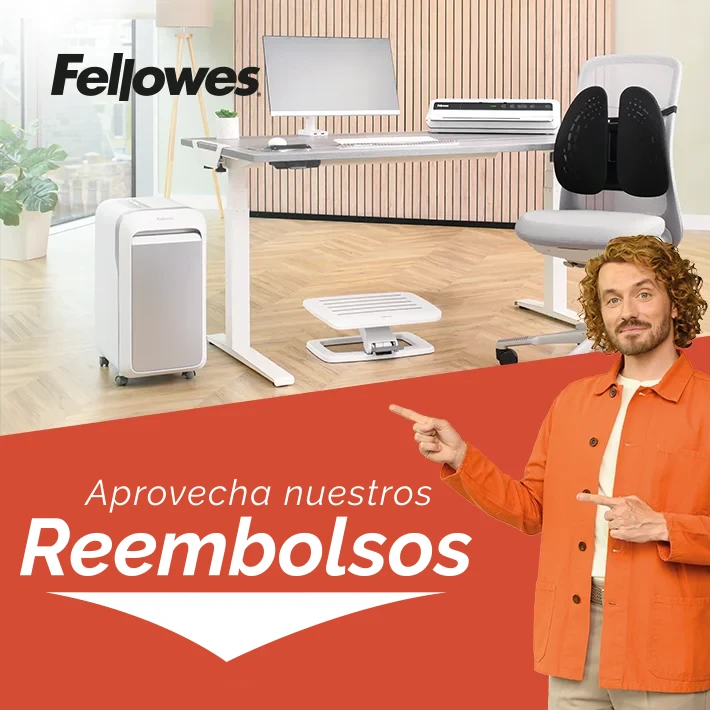 The WorkLife Coach leaning on a desk of Fellowes products