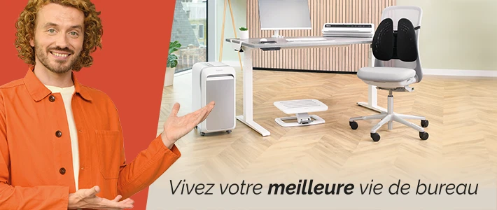 The WorkLife Coach leaning on a desk of Fellowes products