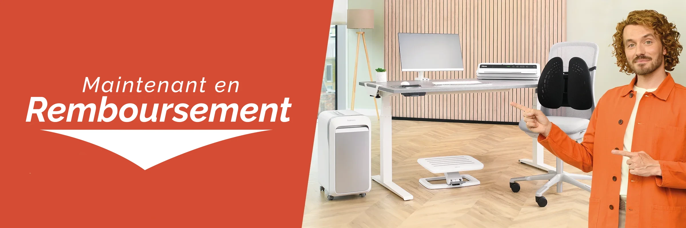 The WorkLife Coach leaning on a desk of Fellowes products