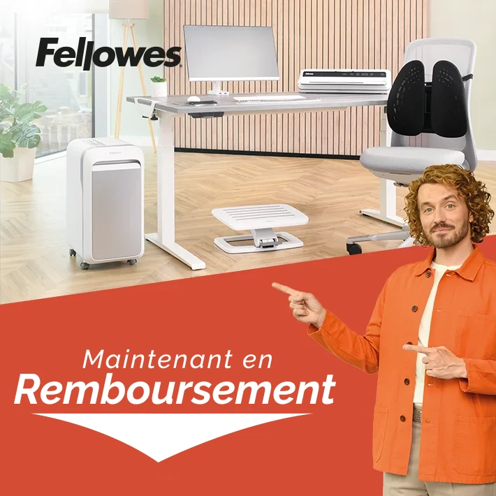 The WorkLife Coach leaning on a desk of Fellowes products