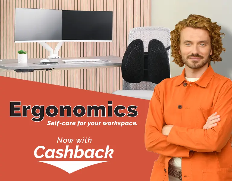 The WorkLife Coach leaning on a desk of Fellowes products