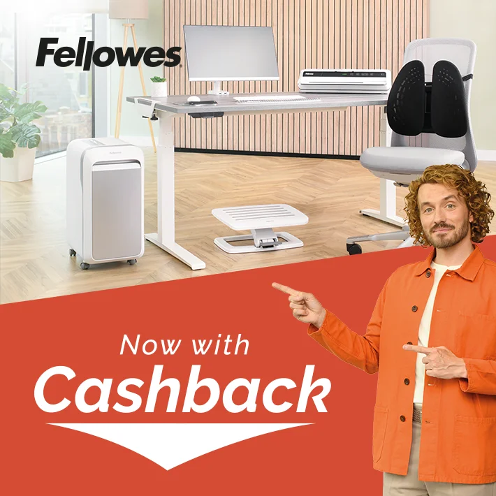 The WorkLife Coach leaning on a desk of Fellowes products