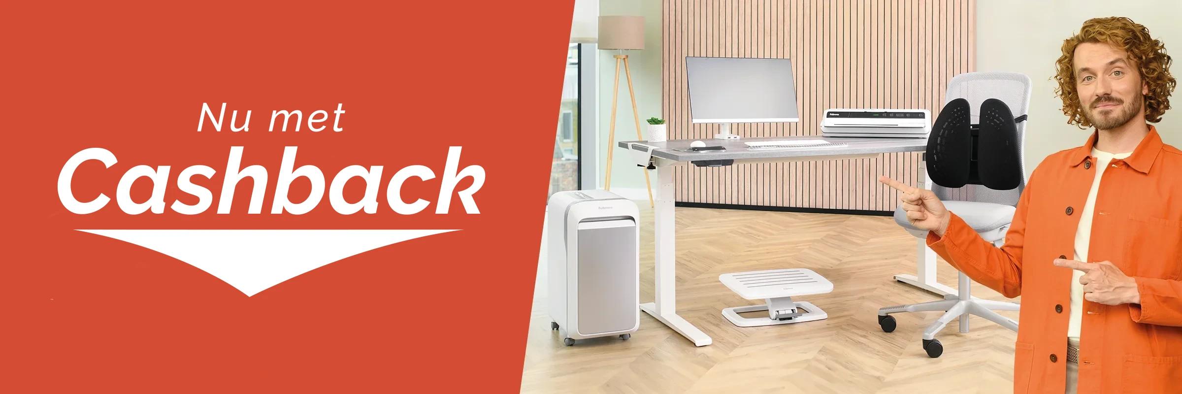 The WorkLife Coach leaning on a desk of Fellowes products