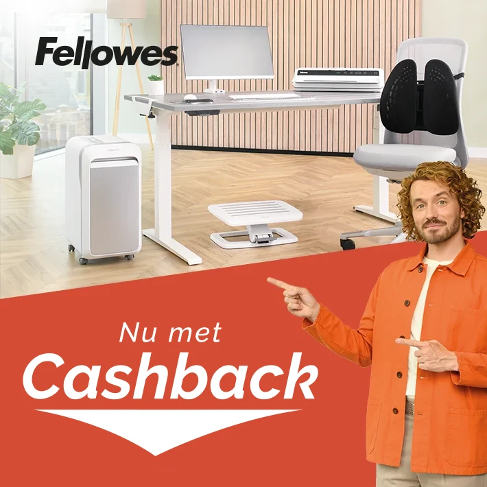 The WorkLife Coach leaning on a desk of Fellowes products